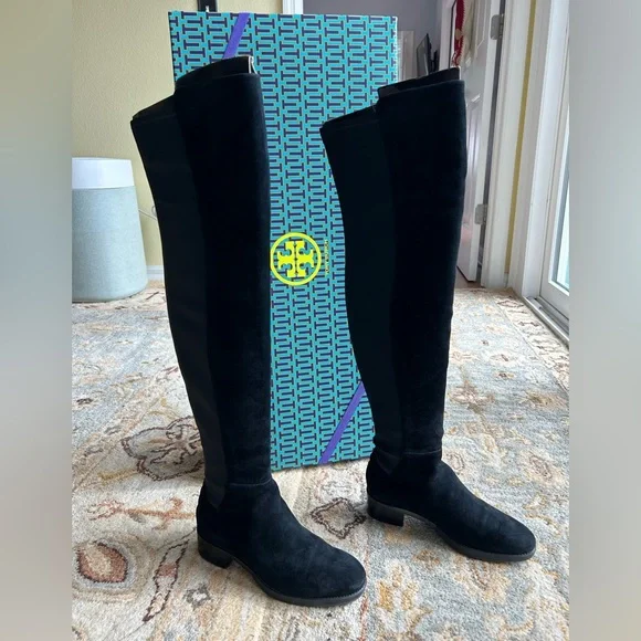 NIB Tory Burch Black Caitlin Stretch Over the Knee Suede/Neoprene Boots - Picture 11 of 14
